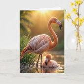 Verjaardag Flamingo Moeder en Kuiken Kaart (Gele Bloem)