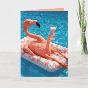 Verjaardag flamingo ontspannen op een zwembad matr kaart