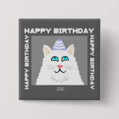 Verjaardag Fluffy White Cat Square Button (Voorkant)