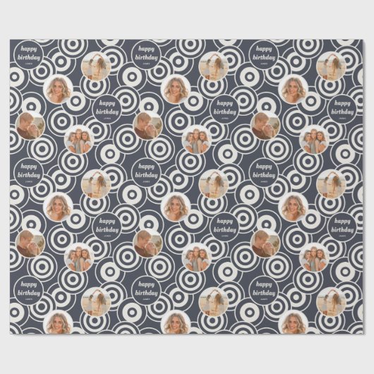 Verjaardag Fotocollage Retro Cirkels Donkergrijs Cadeaupapier (Vlak)