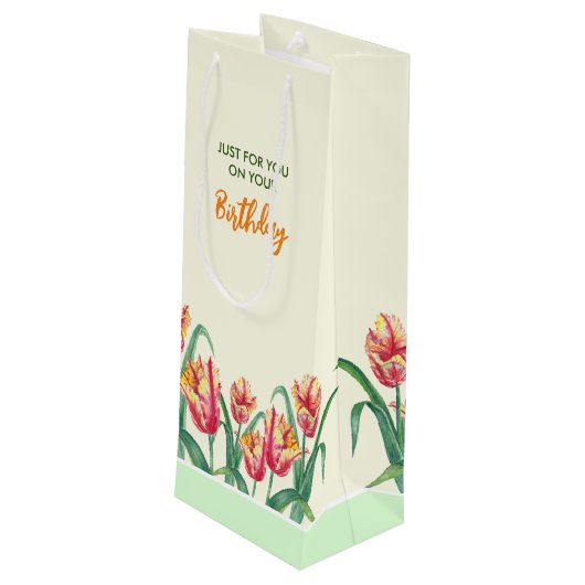 Verjaardag Geel Papegaai Tulpen Bloemen speciaal v Wijn Cadeautas (Achterkant Gekanteld)