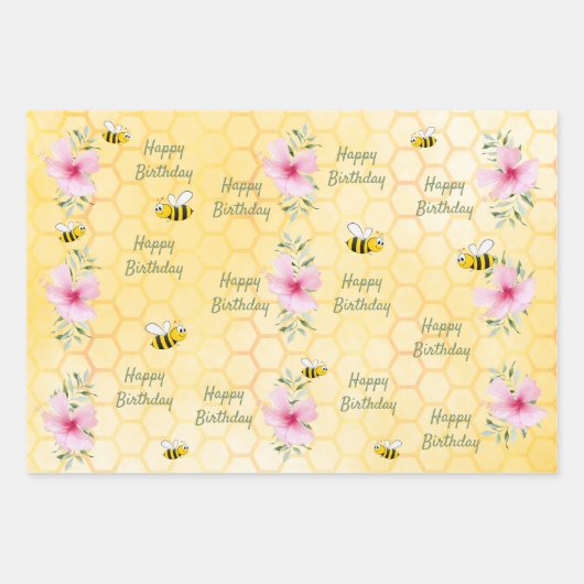 Verjaardag gelukkige hommels honingraat bloemen inpakpapier vel (Voorkant 3)