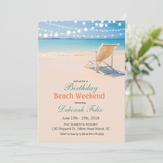 Verjaardag Getaway String Lights Beach uitnodiging (Staand voorkant)