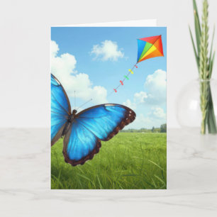 Verjaardag Gewone Morpho Vlinder Die Een Vlieger V Kaart