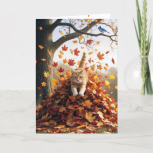 Verjaardag Ginger Cat In Een Herfst Bladstapel Kaart