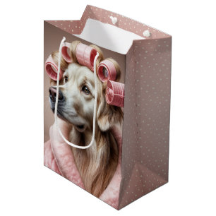 Verjaardag Golden Retriever in roze haarkrulspelde Medium Cadeauzakje