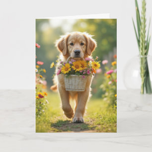 Verjaardag Golden Retriever met bloemenmand Kaart