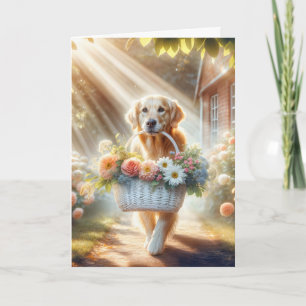 Verjaardag Golden Retriever met bloemenmand Kaart