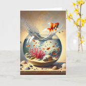 Verjaardag Goldfish springen uit Fishbowl Kaart (Gele Bloem)