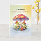 Verjaardag Grappige kikkers onder paddenstoelen Kaart (Gele Bloem)