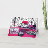 Verjaardag Groet - Taart w/Fuchsia Bloemen/Zwart Kaart (Voorkant)