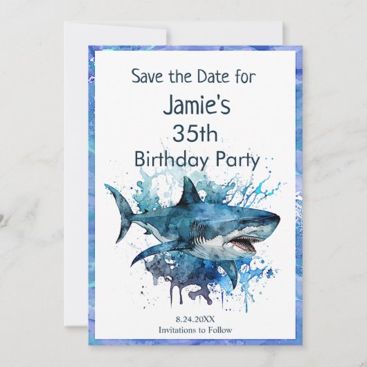 Verjaardag haai, haaienaanval, save the date (Voorkant)