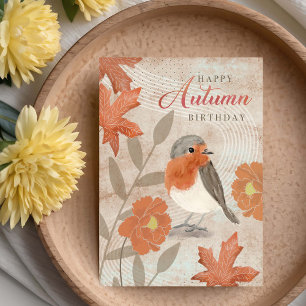 Verjaardag Herfstbladeren Bloemen en Roodborstje Kaart