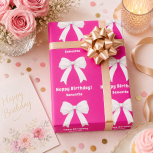 Verjaardag hete roze strik witte meisje cadeaupapier