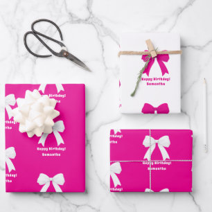 Verjaardag hete roze strik witte meisje inpakpapier vel
