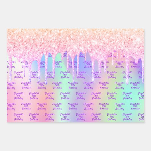 Verjaardag holografische roze glitter druipt naam inpakpapier vel (Voorkant 2)