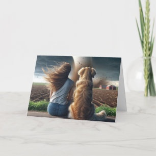 Verjaardag hond en vrouw kijken naar een tornado kaart