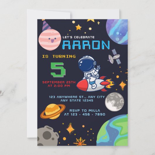 Verjaardag in de ruimte met astronauten en planete kaart (Voorkant)