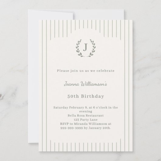Verjaardag Ivory Sage Neutraal Pinstriped Monogram Kaart (Voorkant)