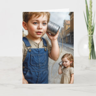 Verjaardag Jongen en Meisje met Tin Can Telefoon Kaart