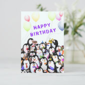Verjaardag Kaart met Happy Penguin Party (Staand voorkant)