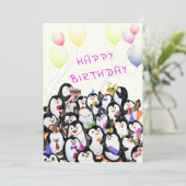 Verjaardag Kaart met Happy Penguins Party (Staand voorkant)