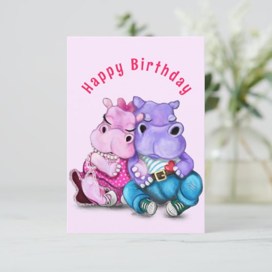 Verjaardag Kaart met Paar Hippo Liefde - Funny (Staand voorkant)