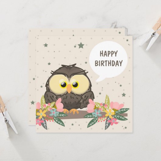 Verjaardag Kaart met Schattigee uil en bloemdecora (Voorkant / Achterkant in situ)