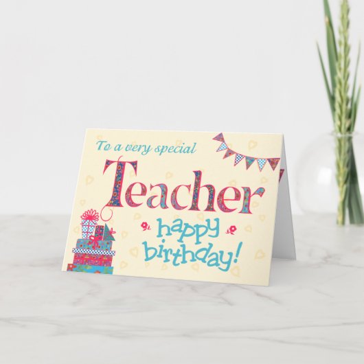 Verjaardag Kaart voor Docent, Bunting, Geschenken (Voorkant)
