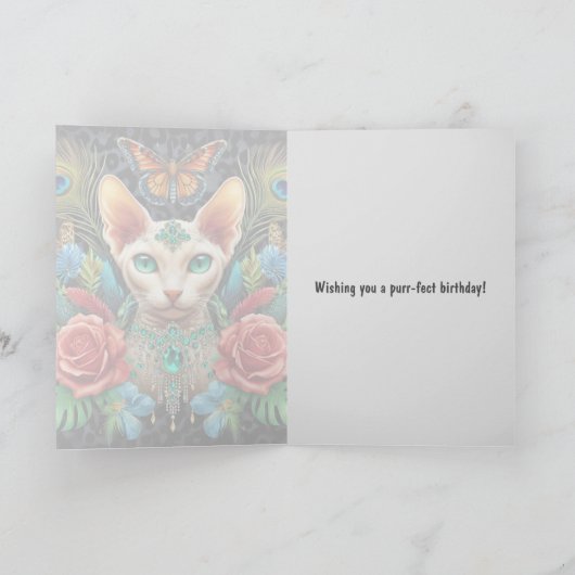 Verjaardag Kaart | Witte Sphynx Kat Vlinder Rozen (Binnen)
