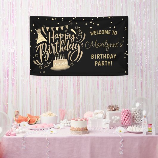 Verjaardag kind Black Gold Glitter Welkom Spandoek (Feest)