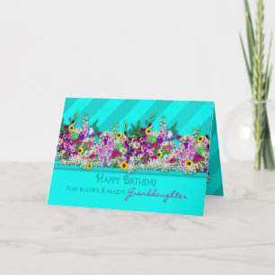 Verjaardag, kleindochter, tuinbloemen, Aqua Stripe Kaart