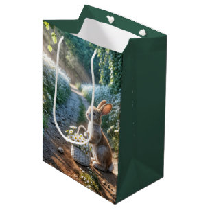 Verjaardag konijn met een mand van witte madeliefj medium cadeauzakje
