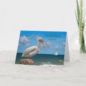 Verjaardag, leraar, witte pelikaan op een rots kaart (Voorkant)