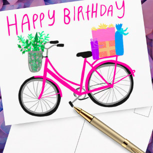 VERJAARDAG Leuk Roze Fiets Aangepast  Briefkaart