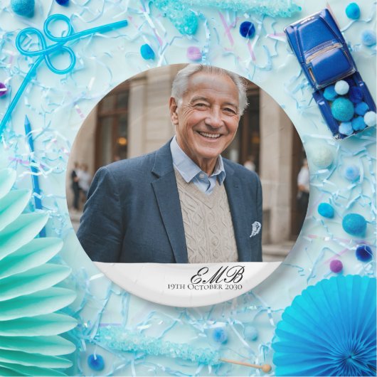 Verjaardag Mannelijk Stijlvolle Foto Wit Monogram Papieren Bordje (Feest)