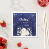 Verjaardag marine blauw glitter witte bloemen servet (Insitu)