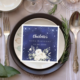 Verjaardag marine blauw glitter witte bloemen servet
