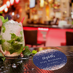 Verjaardag marineblauw roos gouden confetti ronde kartonnen onderzetter