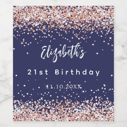 Verjaardag marineblauw roos gouden confetti wijn etiket (Enkel label)