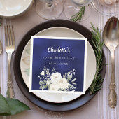 Verjaardag marineblauw witte bloemen rozen servet
