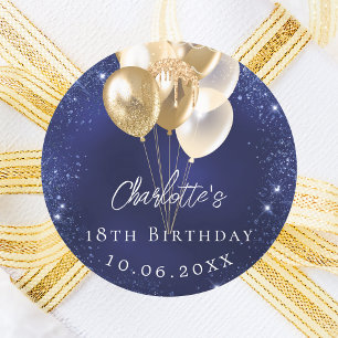 Verjaardag marineblauwe gouden ballonnen ronde sticker
