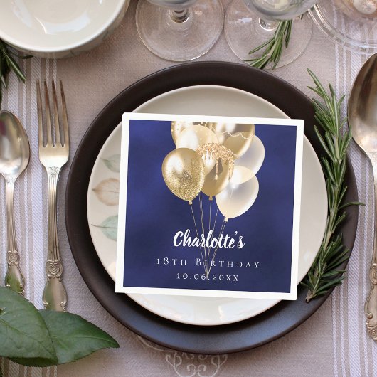 Verjaardag marineblauwe gouden ballonnen servet
