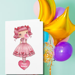 Verjaardag Meisje in Pigtails Lolita jurk roze bub Kaart