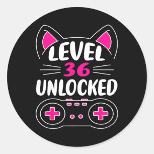 Verjaardag Meisje Kat Lover Video Game Niveau 36 O Ronde Sticker