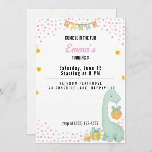 Verjaardag Meisje Party Uitnodiging Turning 3 Dino (Voorkant / Achterkant)