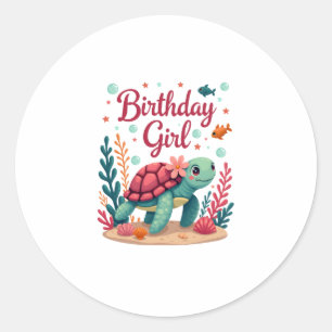 Verjaardag Meisje Zee Schildpad Thema Verjaardagsf Ronde Sticker