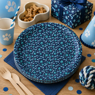 Verjaardag met blauwe aquarelpootafdrukken papieren bordje