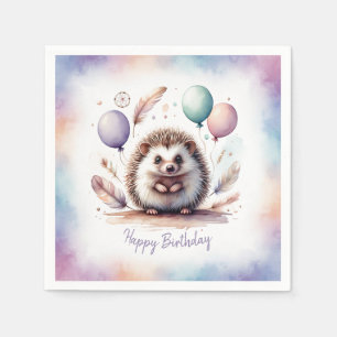 Verjaardag met cute waterverf egel en ballonnen servet