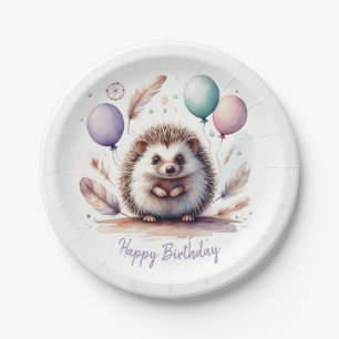 Verjaardag met schattige waterverf egel en ballonn papieren bordje